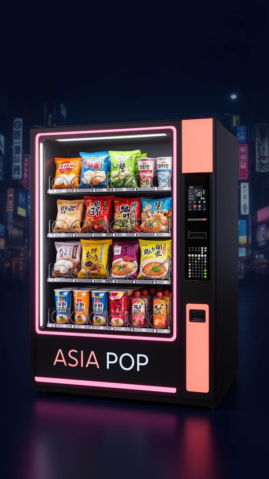 הדמיית מכונת ASIA POP ממותגת ומקוררת עם מוצרים אסייתיים
